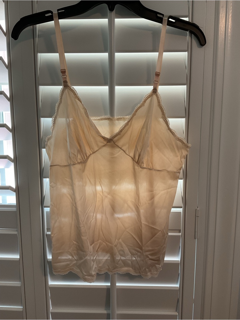 Sheer Lace-Trim Satin Chemise in Light Beige